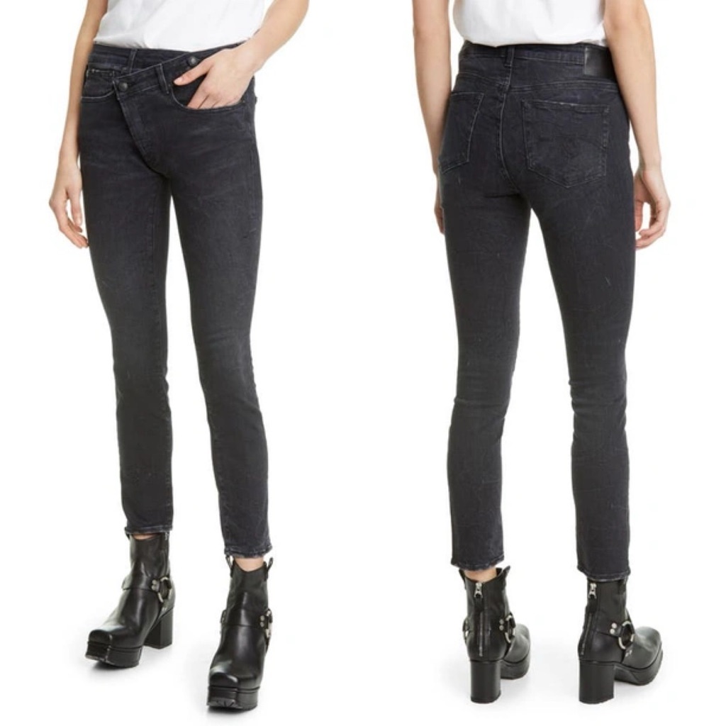 R13 Cross Over Skinny Jeans Black Marble Denim Size 28 Italy Stretch High Rise